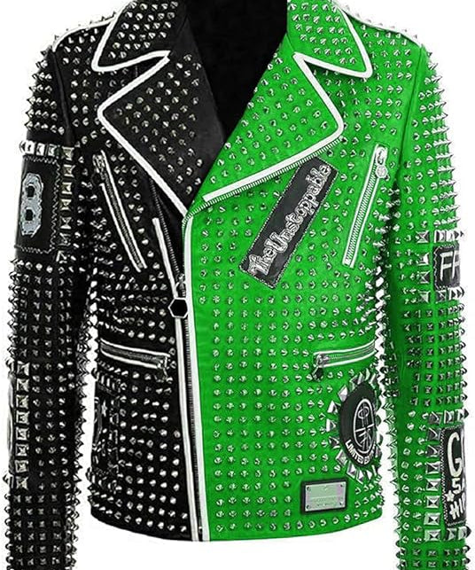 Handmade Punk Green Brando Studded Spikes Rock Moto Biker Leather Jacket