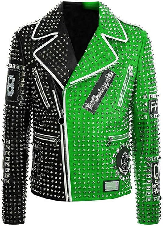Handmade Punk Green Brando Studded Spikes Rock Moto Biker Leather Jacket