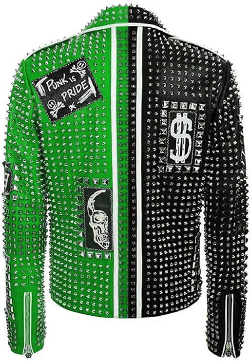Handmade Punk Green Brando Studded Spikes Rock Moto Biker Leather Jacket - Image 2