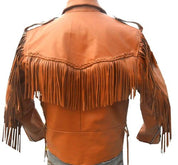 ,Men Tan Western Style Leather Jacket ,Cowboy Cowhide Leather Fringe Jacket