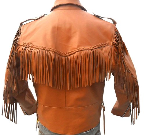 ,Men Tan Western Style Leather Jacket ,Cowboy Cowhide Leather Fringe Jacket