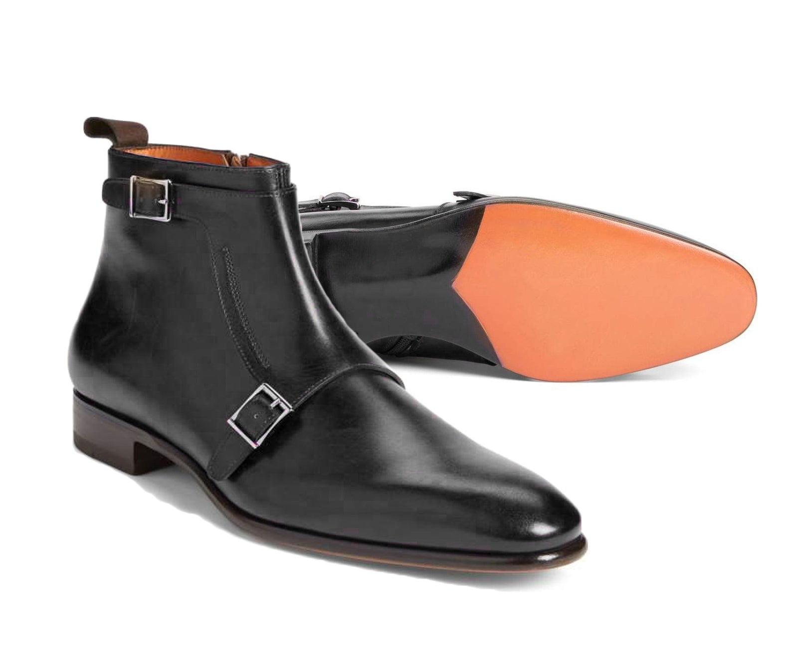 Handcrafted Men's Black Double Monk Leather Boots