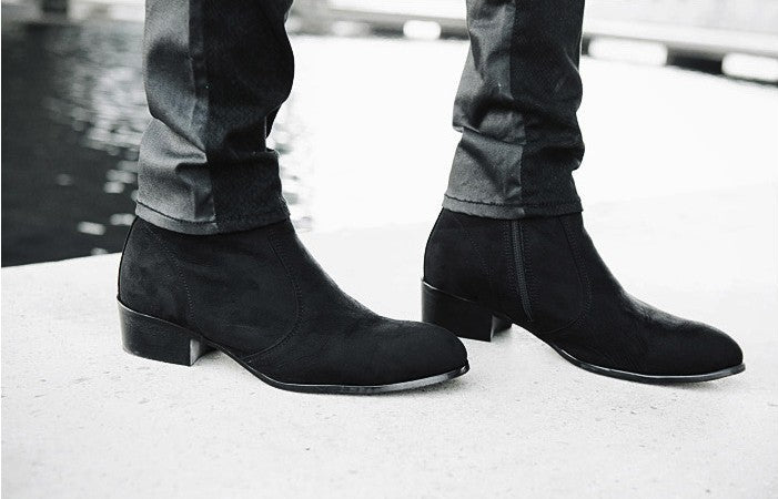 Handcrafted Black Suede Leather Boots with Side Zipper