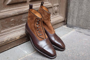 Handmade Men Two Tone Button Boot, Brown Ankle Boots, Formal Boot