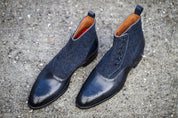 Handmade Men Two Tone Button Boot, Navy And Black Boot, Formal Boot
