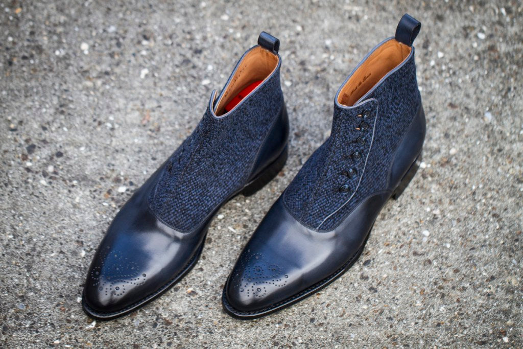 Handmade Men Two Tone Button Boot, Navy And Black Boot, Formal Boot