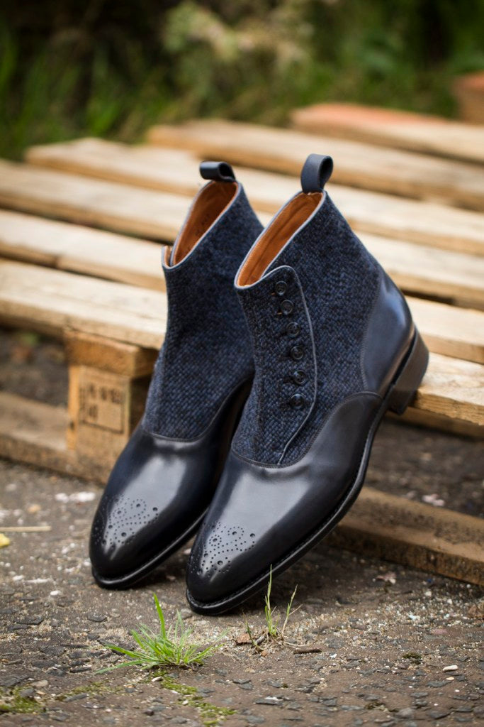 Handmade Men Two Tone Button Boot, Navy And Black Boot, Formal Boot