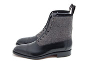 Handmade Men Two Tone Cap Toe Boots, Black And Gray Ankle Lace Up Boots