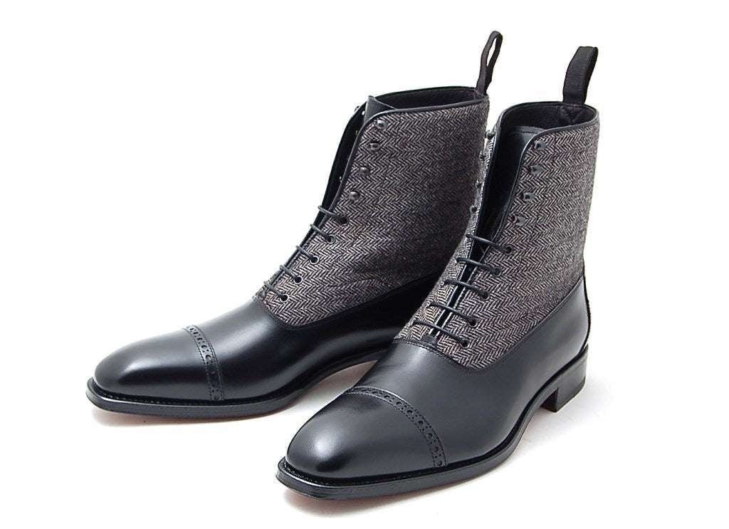 Handmade Men Two Tone Cap Toe Boots, Black And Gray Ankle Lace Up Boots