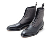 Handmade Men Two Tone Cap Toe Boots, Black And Gray Ankle Lace Up Boots