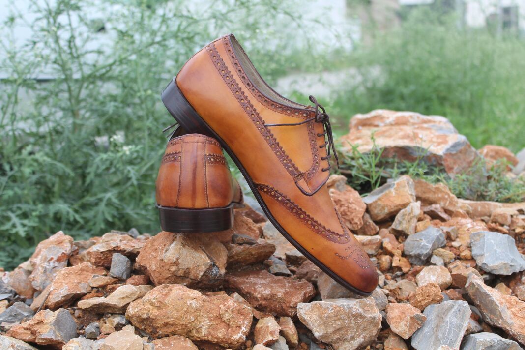 Handmade Men Wingtip Brogue Formal Shoes, Tan Color Wingtip Dress Shoes