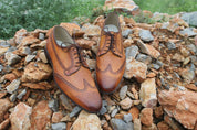 Handmade Men Wingtip Brogue Formal Shoes, Tan Color Wingtip Dress Shoes