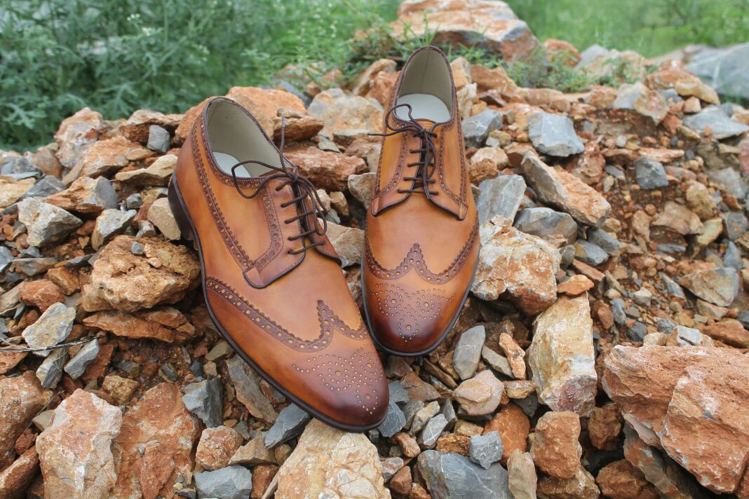 Handmade Men Wingtip Brogue Formal Shoes, Tan Color Wingtip Dress Shoes