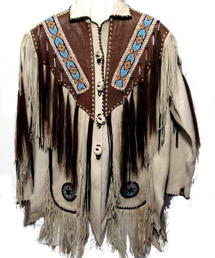 Beige Leather Jacket with Bead & Long Fringe Detail