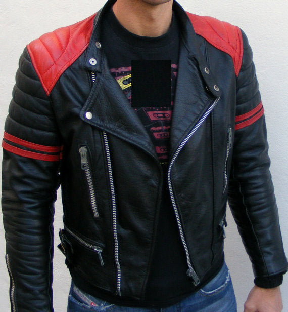 Men's Black and Red Leather Jacket with Zipper Closure