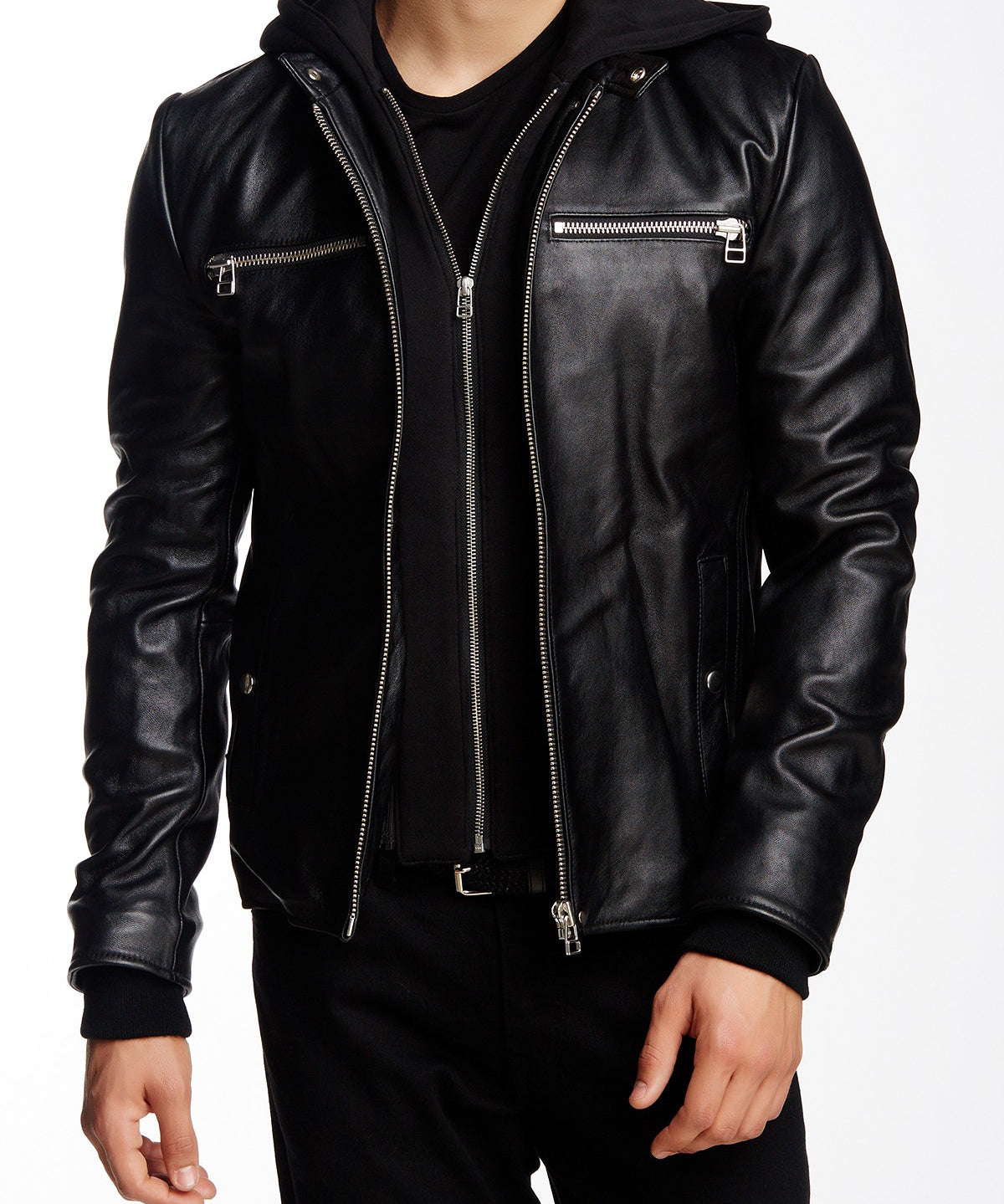 Men's Black Biker Leather Jacket with Detachable Hood