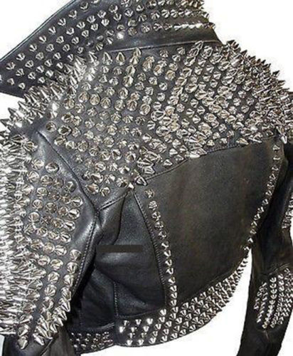 Punk Men Black Leather Rock Style Studded Spiked Biker Moto Jacket for Mens
