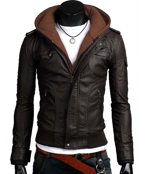 Brown Slim Fit Leather Hooded Jacket