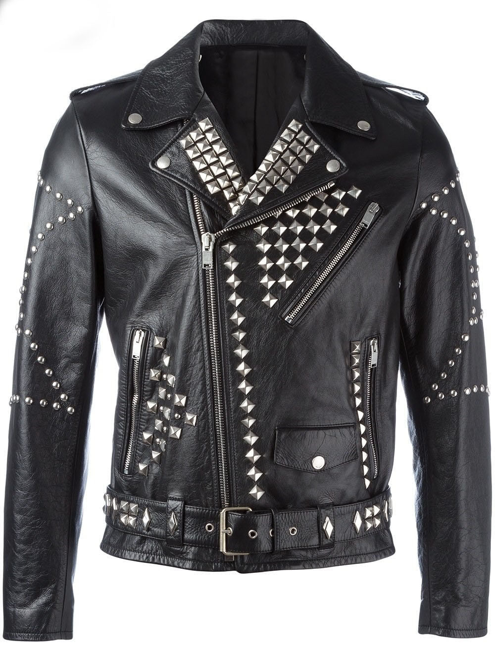 Men Classic Sliver Studded Leather Motorcycle Jacket, Biker Leather Jacket