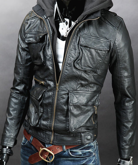Men's Biker Leather Jacket with Detachable Hood