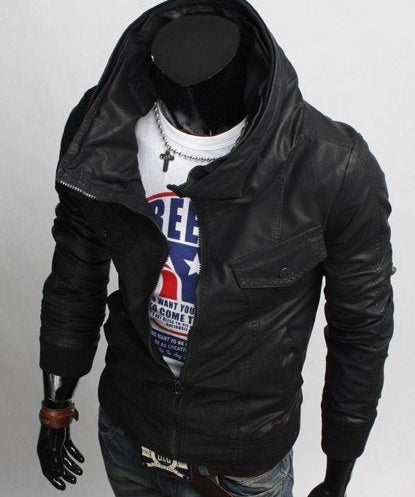Men Korean Style Hooded Leather Jacket, Slim Fit Leather Jacket