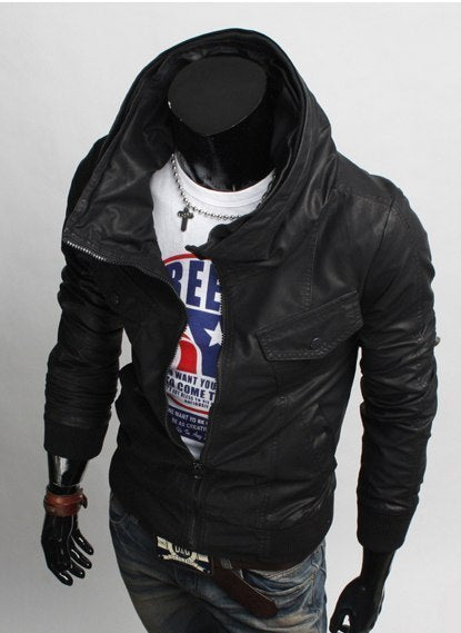 Men Korean Style Hooded Leather Jacket, Slim Fit Leather Jacket