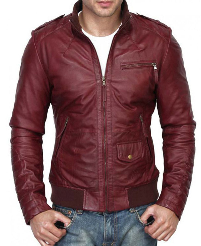 Men Maroon Color Slim Fit Leather Jacket. Fashion Biker Leather Jacket