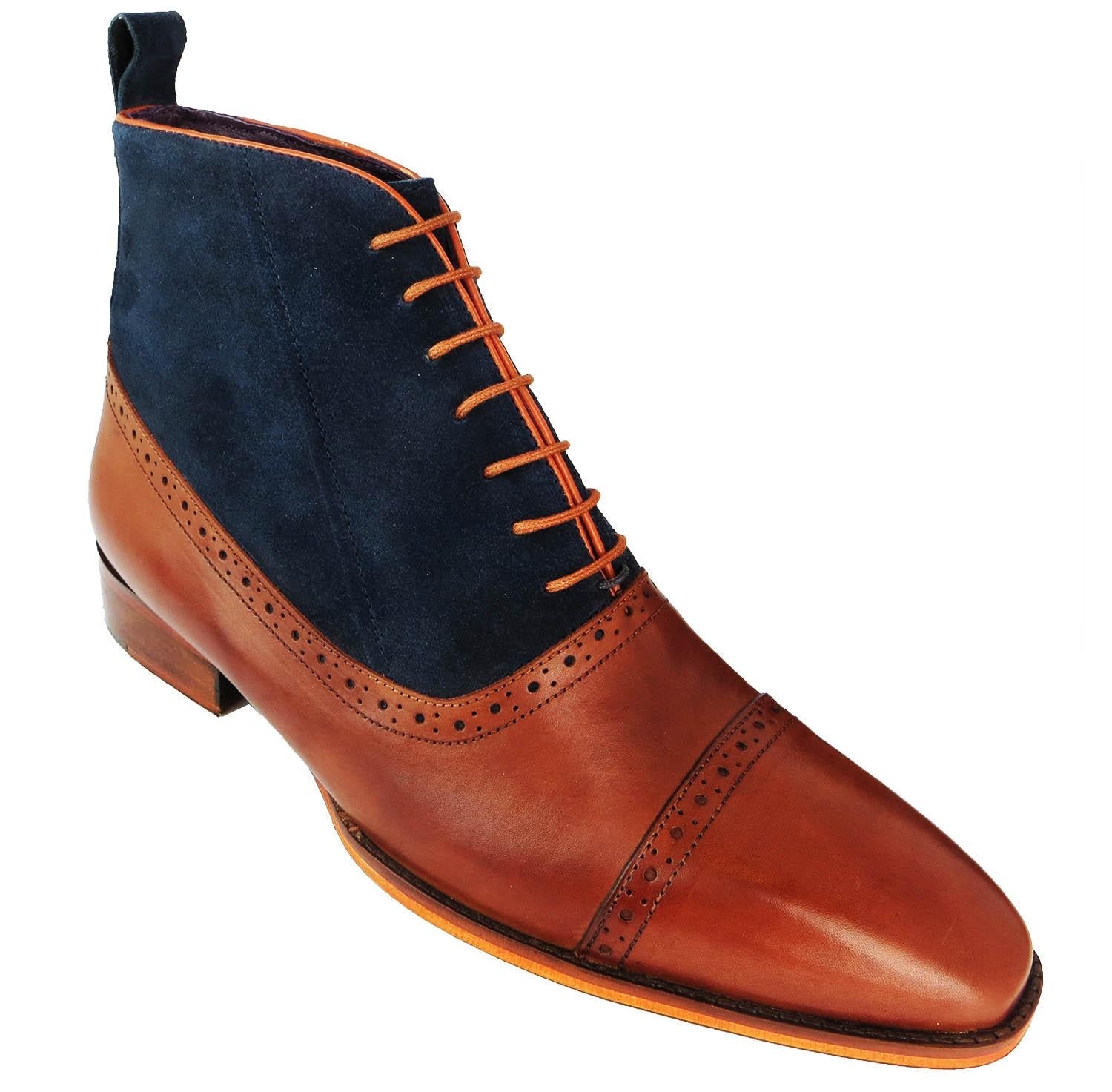 Men Two Tone dress Boot, Tan and Blue Oxford Brogue Boot, Ankle Boots
