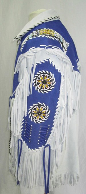 Men Western Leather Jacket Wear Fringes Beads Native American Cowboy Coat