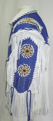 Men Western Leather Jacket Wear Fringes Beads Native American Cowboy Coat