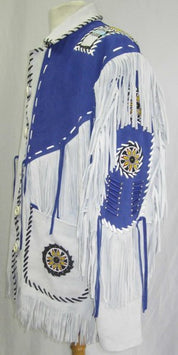 Men Western Leather Jacket Wear Fringes Beads Native American Cowboy Coat