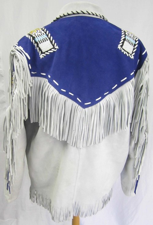 Men Western Leather Jacket Wear Fringes Beads Native American Cowboy Coat