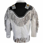 Men White Cow Leather Western Cowboy Jacket With Fringe, Mens Fringe Jacket
