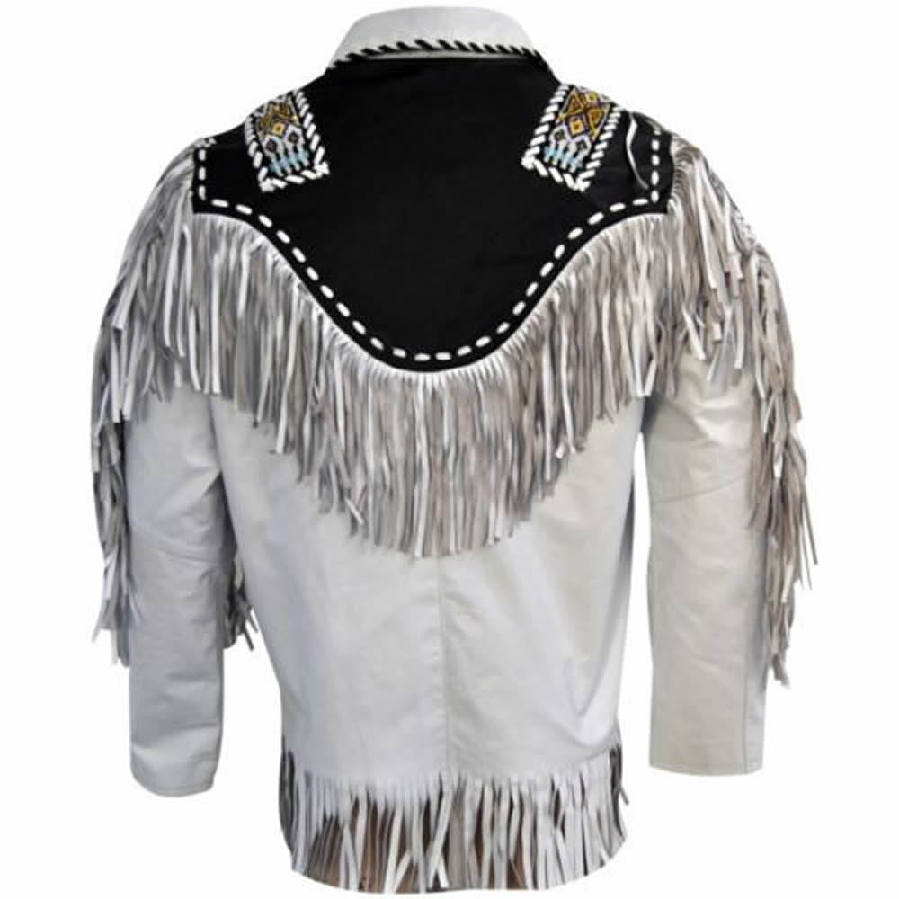 Men White Cow Leather Western Cowboy Jacket With Fringe, Mens Fringe Jacket