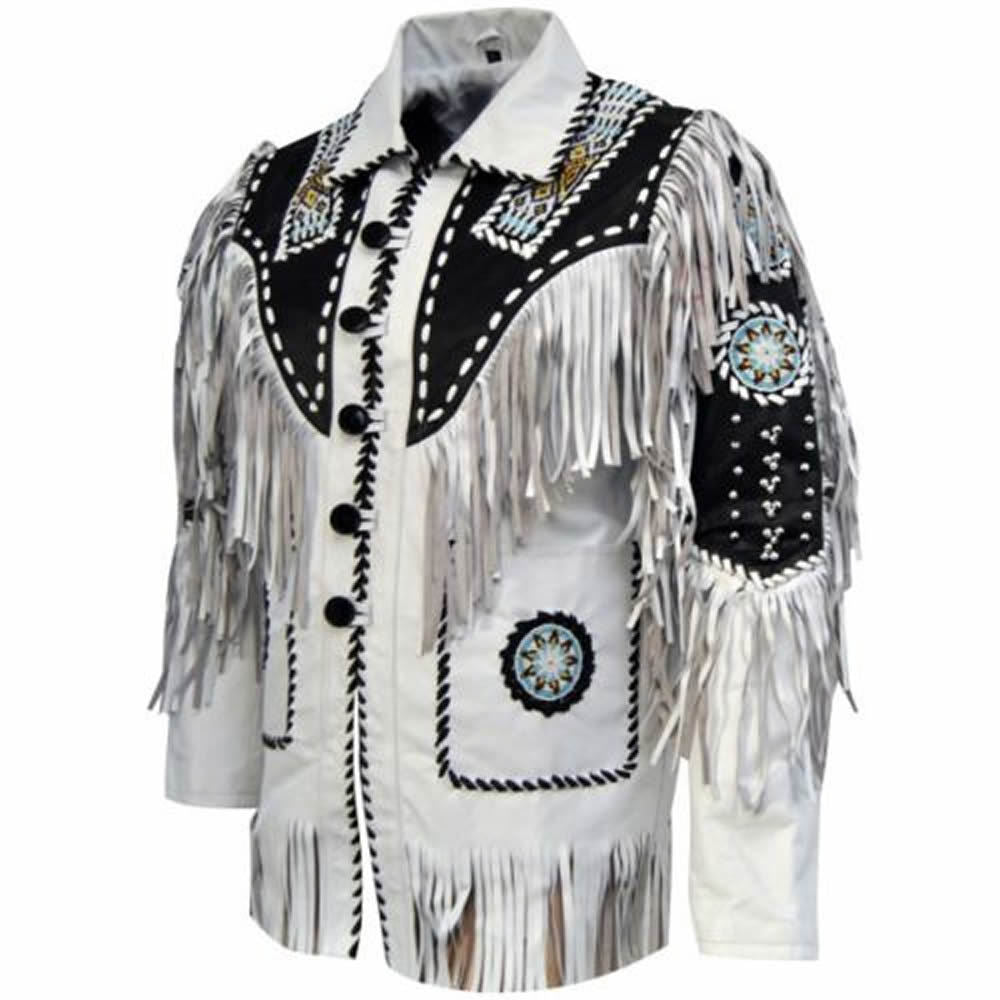 Men White Cow Leather Western Cowboy Jacket With Fringe, Mens Fringe Jacket