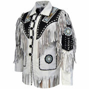 Men White Cow Leather Western Cowboy Jacket With Fringe, Mens Fringe Jacket