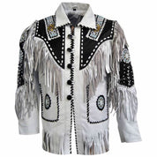 Men White Cow Leather Western Cowboy Jacket With Fringe, Mens Fringe Jacket