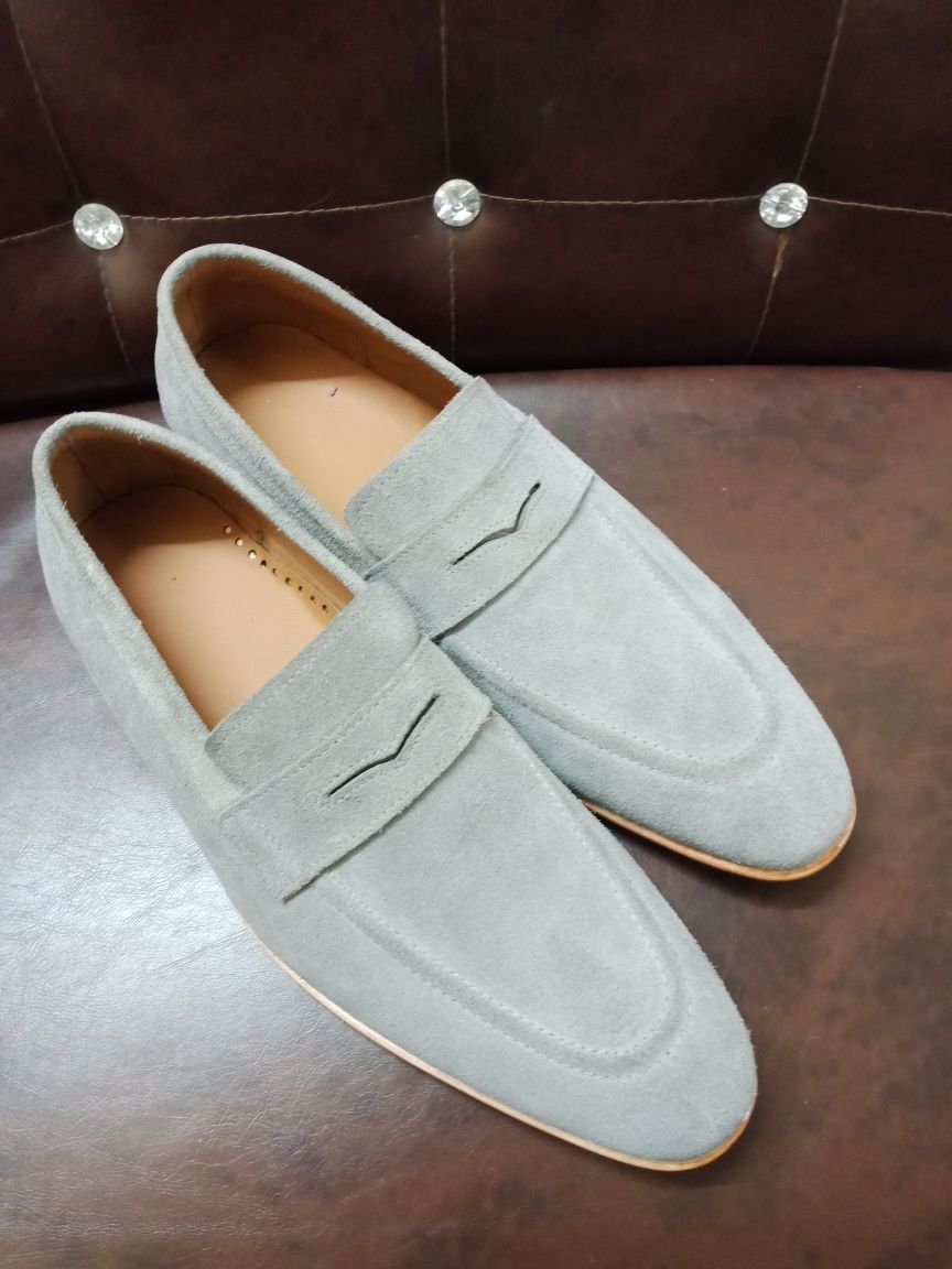 Mens Gray Color Suede Leather Shoes, Men Gray Suede Moccasins Loafer