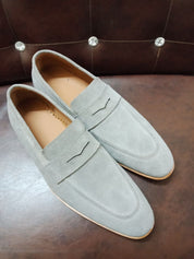 Mens Gray Color Suede Leather Shoes, Men Gray Suede Moccasins Loafer