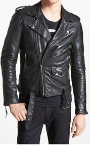 Men's Biker Leather Jacket - Black Cowhide Jacket