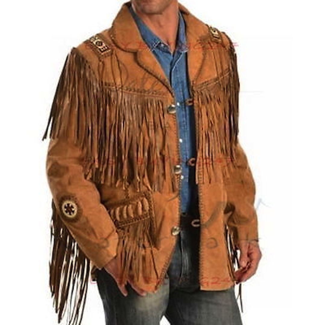 Men's New Tan Brown Western Suede Cow Leather Jacket Fringes, Cowboy Jacket