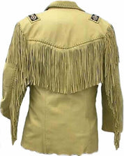 Mens Suede Leather Jacket Western Wear Cowboy Coat Fringe Bead & Bones Work