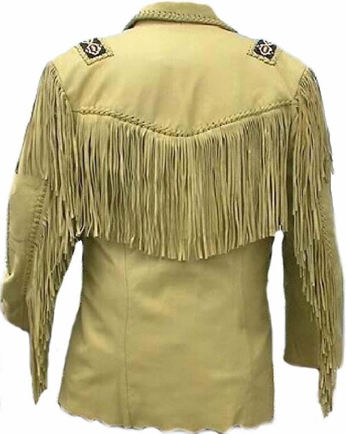 Mens Suede Leather Jacket Western Wear Cowboy Coat Fringe Bead & Bones Work