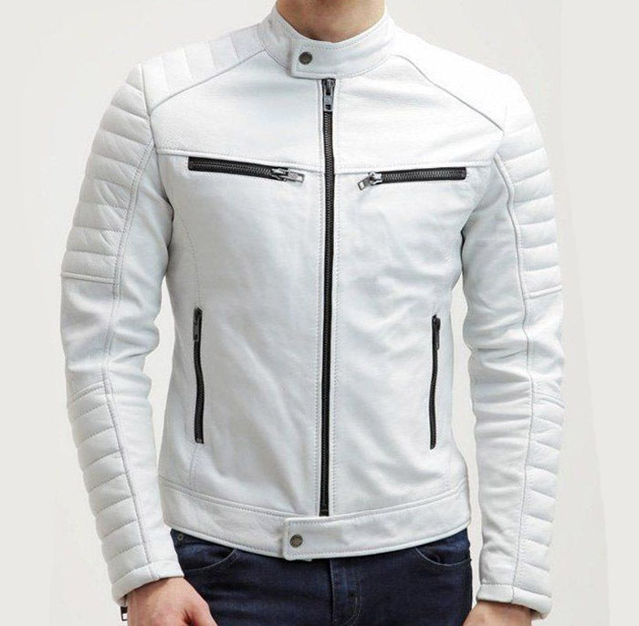 New Men Fashion Trend White Motorcycle Leather Jacket, Biker Fashion