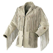 Western Men Cowboy Suede Jacket, White Suede Leather Jacket With Fringes