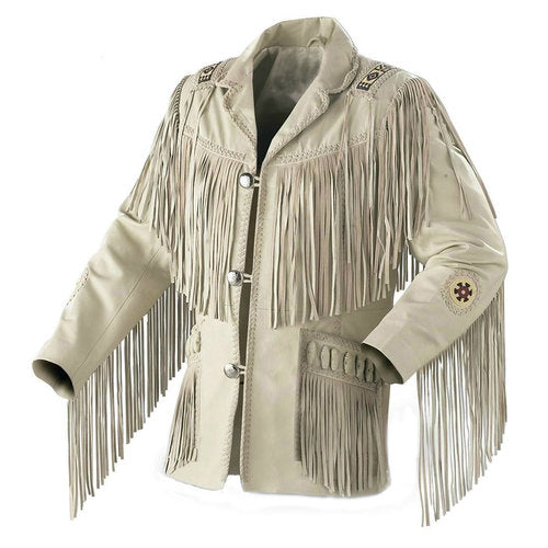 Western Men Cowboy Suede Jacket, White Suede Leather Jacket With Fringes