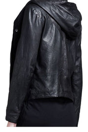 Women Black Hooded Leather Jacket, Leather Jackets, Hoodies