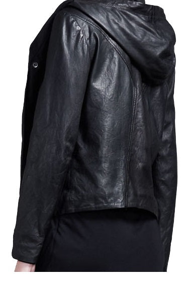 Women Black Hooded Leather Jacket, Leather Jackets, Hoodies