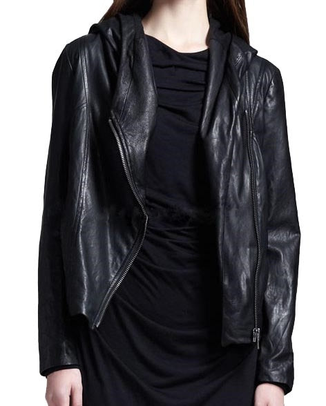Women Black Hooded Leather Jacket, Leather Jackets, Hoodies