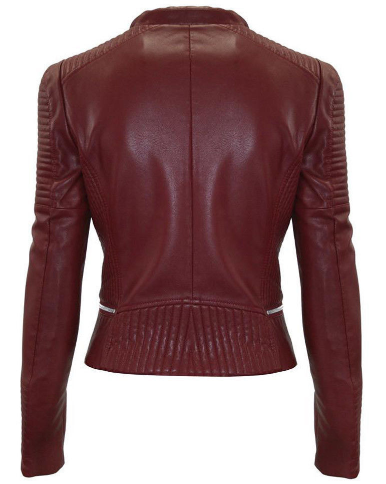 Women Maroon Color Leather Jacket Biker Stylish Zipper Jacket
